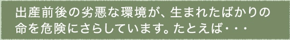 出産前後の劣悪な環境が、生まれたばかりの命を危険にさらしています。たとえば・・・
