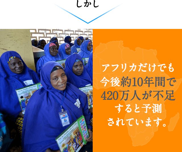 しかし　アフリカだけでも今後約10年間で420万人が不足すると予測されています。