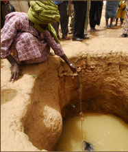 人手で掘った浅い井戸から水をくむ様子