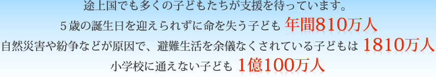 途上国でも多くの子どもたちが支援を待っています。5歳の誕生日をを迎えられずに命を失う子ども年間810万人　自然災害や紛争などが原因で、避難生活を余儀なくされている子どもは1810万人　小学校に通えない子ども1億100万人
