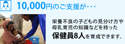 10,000円のご支援が･･･　栄養不良の子どもの見分け方や母乳育児の知識などを持った保健員8人を育成できます。