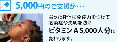 5,000円のご支援が･･･　弱った身体に免疫力をつけて感染症や失明を防ぐビタミンＡ5,000人分に変わります。