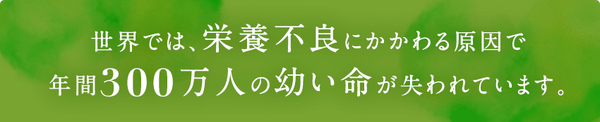 世界では、栄養不良にかかわる原因で年間300万人の幼い命が失われています。