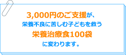 3,000円のご支援が、栄養不良に苦しむ子どもを救う栄養治療食100袋に変わります。