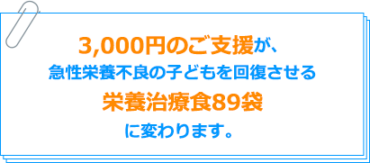 3,000円のご支援が、急性栄養不良の子どもを回復させる栄養治療食89袋に変わります。