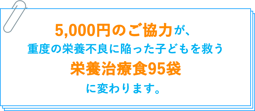 5,000円のご協力が、重度の栄養不良に陥った子どもを救う栄養治療食95袋に変わります。