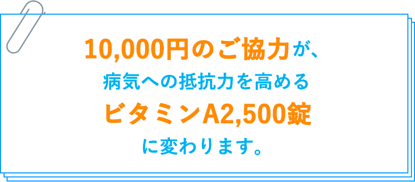 10,000円のご協力が、病気への抵抗力を高めるビタミンA2,500錠に変わります。
