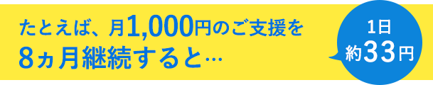 たとえば、月1,000円のご支援を8ヶ月継続すると...1日約33円
