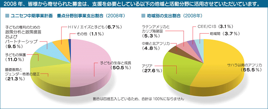2008年、皆様から寄せられた募金は、支援を必要としている以下の地域と活動分野に活用させていただいています。