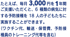 たとえば、毎月3,000円を１年間ご支援いただくと、6種類の病気に対する予防接種を18人の子どもたちに実施することができます。 （ワクチン代、輸送・保管費、予防接種員のトレーニング代等を含む）
